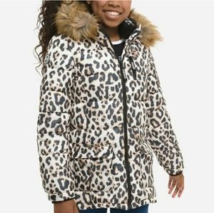 Justice warm winter puffer coat,  leopard print, big girl size 18/20